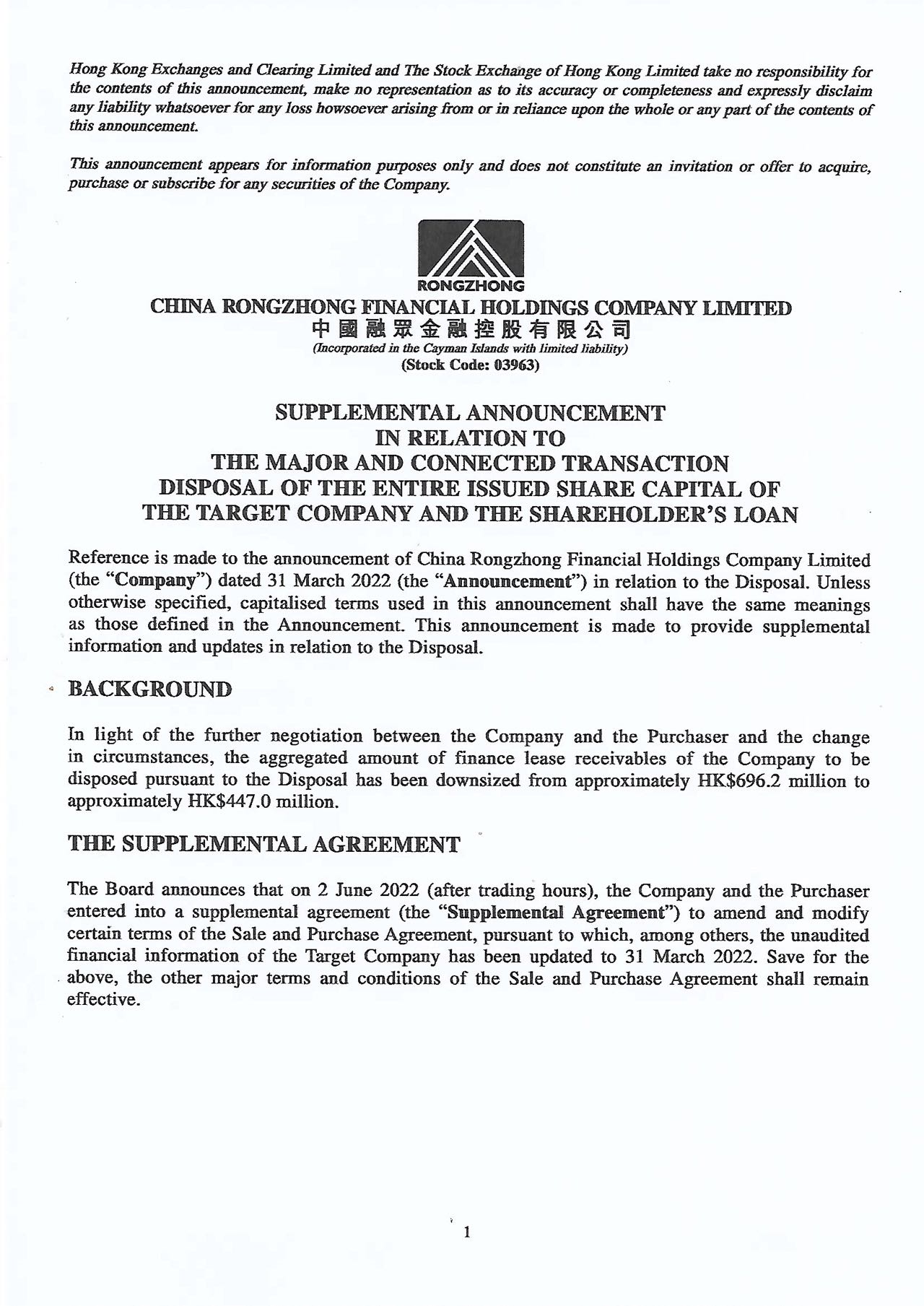 Announcements and Notices - [Major Transaction / Connected Transaction / Variation to Terms]